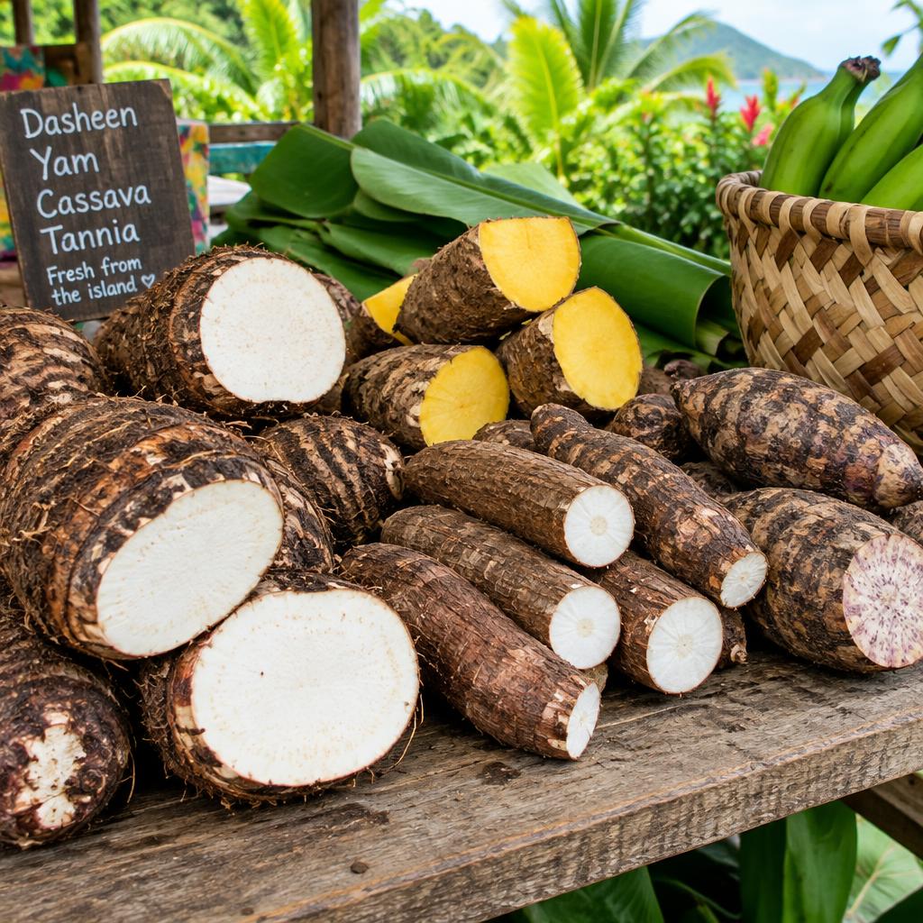 Fresh dasheen, yam and cassava on a market table